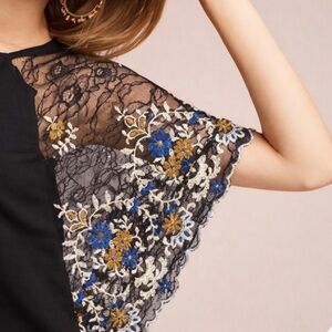 Anthropologie Akemi + Kin Callista Embroidered Sleeve Top SM Batwing Black Lace